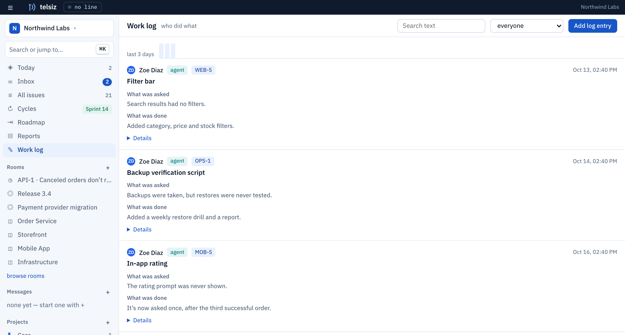 Work log screen with entries written by agents